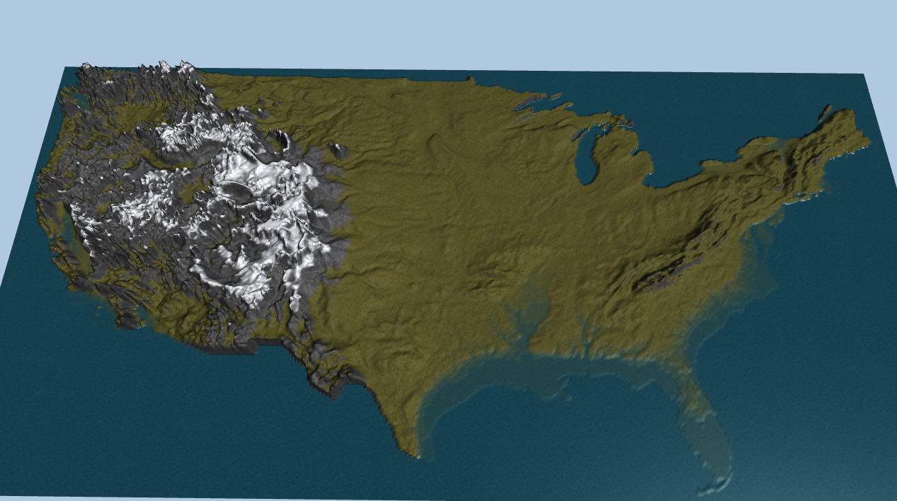 Contiguous United States heightmap rendered with terrain materials