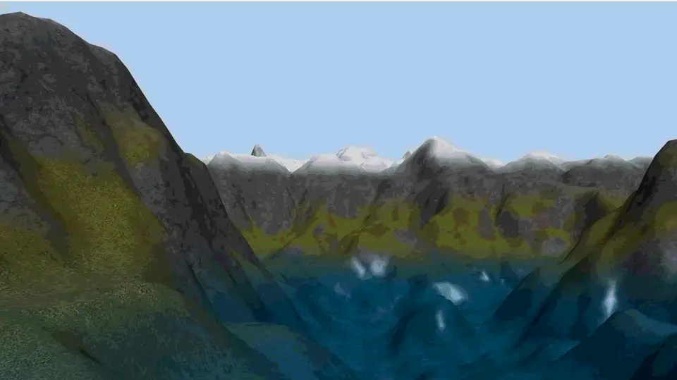 Hydraulic erosion forming a water-filled valley